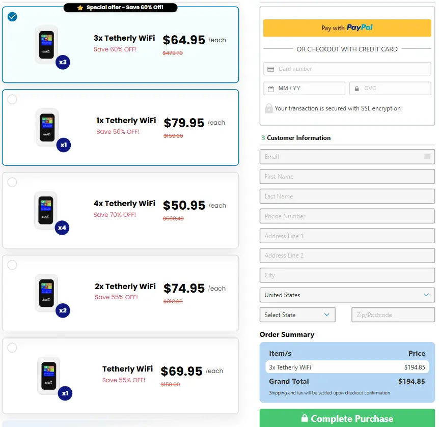 Tetherly WiFi Checkout Page